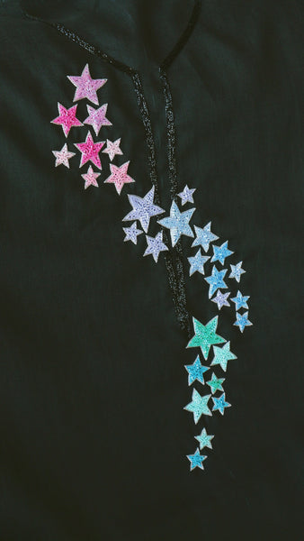 Dancing Stars, Colorful Embroidery on Black Linen