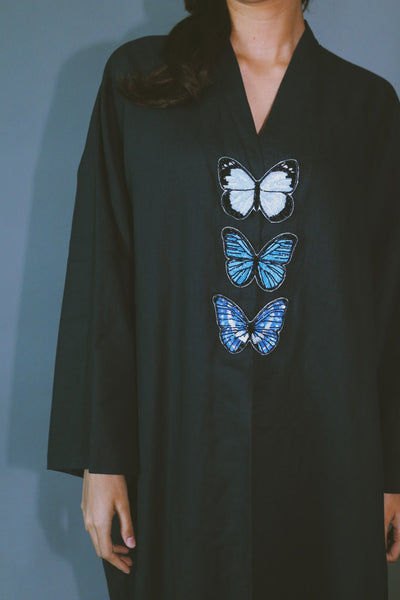The Butterfly Collection: Blue Butterflies Abaya, Loose Fit, In Black