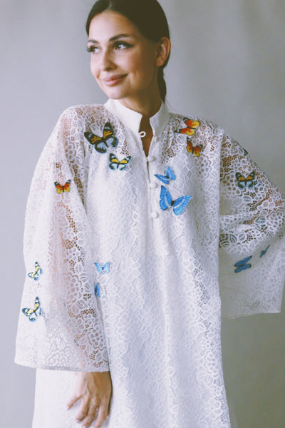 A Garden Of Butterflies Kaftan, in Off White Lace (length 56inch)