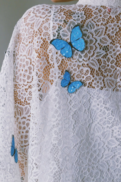 A Garden Of Butterflies Kaftan, in Off White Lace (length 56inch)