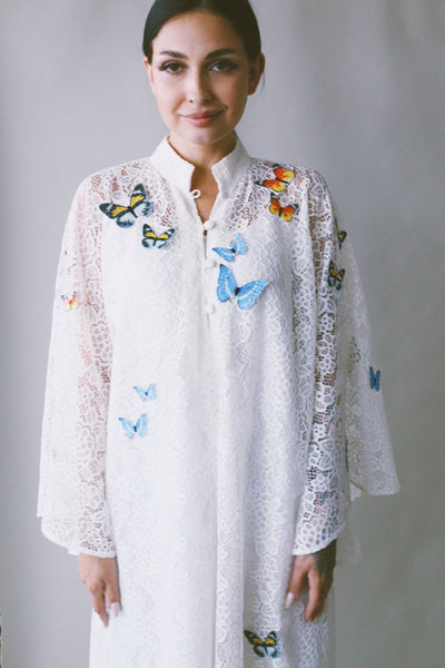 A Garden Of Butterflies Kaftan, in Off White Lace (length 56inch)