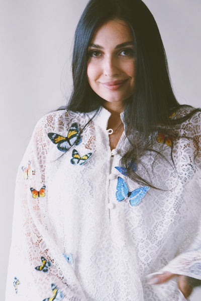 A Garden Of Butterflies Kaftan, in Off White Lace (length 56inch)