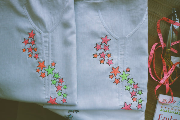 Dancing Stars, Neon Embroidery on Grey Linen
