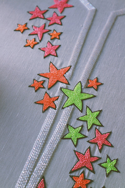 Dancing Stars, Neon Embroidery on Grey Linen