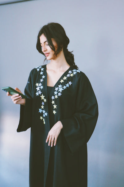 Dancing Stars Abaya, Colorful Embroidery On Black