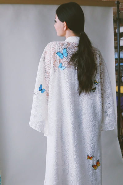 A Garden Of Butterflies Kaftan, in Off White Lace (length 56inch)