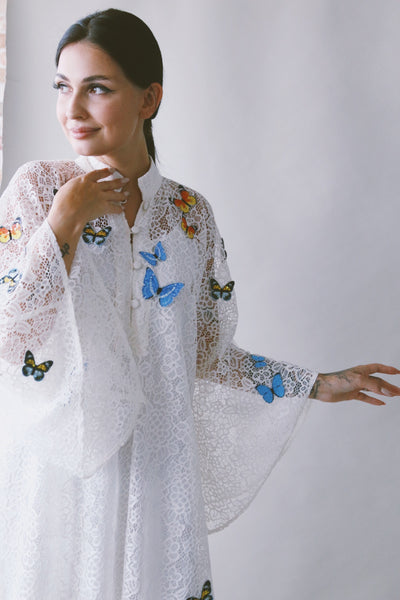 A Garden Of Butterflies Kaftan, in Off White Lace (length 56inch)