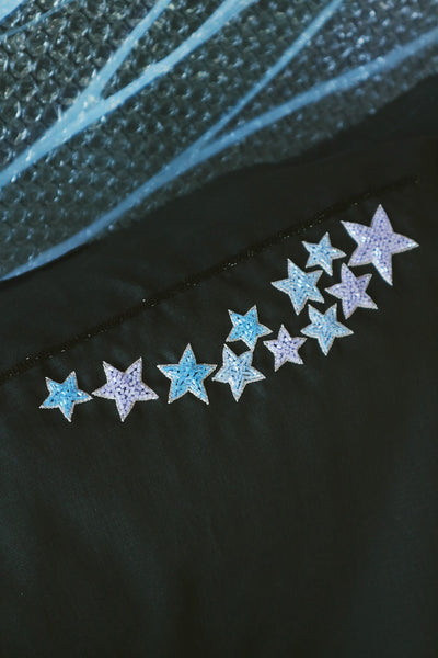 Dancing Stars, Colorful Embroidery on Black Linen