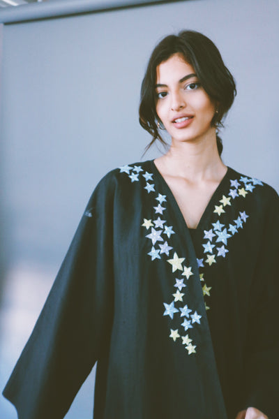 Dancing Stars Abaya, Colorful Embroidery On Black