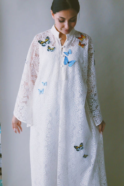 A Garden Of Butterflies Kaftan, in Off White Lace (length 56inch)