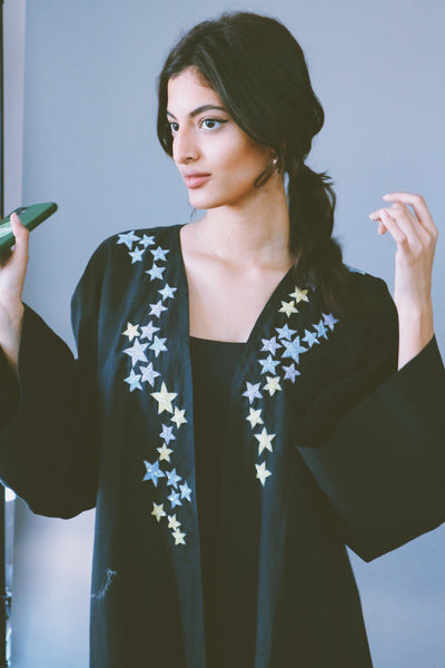 Dancing Stars Abaya, Colorful Embroidery On Black