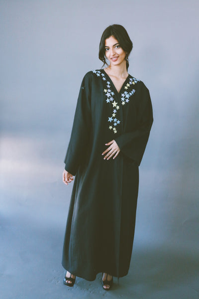 Dancing Stars Abaya, Colorful Embroidery On Black