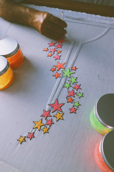 Dancing Stars, Neon Embroidery on Grey Linen