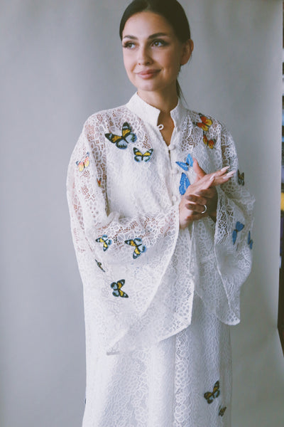 A Garden Of Butterflies Kaftan, in Off White Lace (length 56inch)