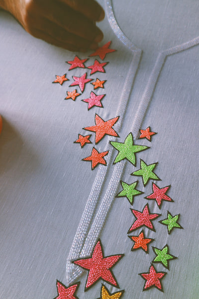 Dancing Stars, Neon Embroidery on Grey Linen