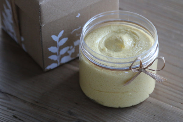 Whipped Soap Scrub, Turmeric & Chamomile (gentle exfoliation, mild acne, all skin types)