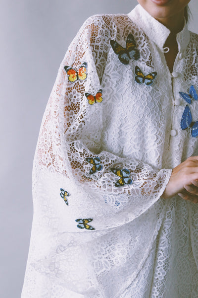 A Garden Of Butterflies Kaftan, in Off White Lace (length 56inch)