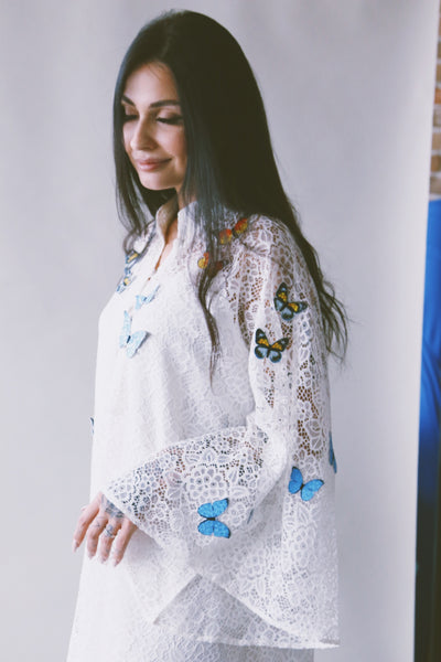 A Garden Of Butterflies Kaftan, in Off White Lace (length 56inch)