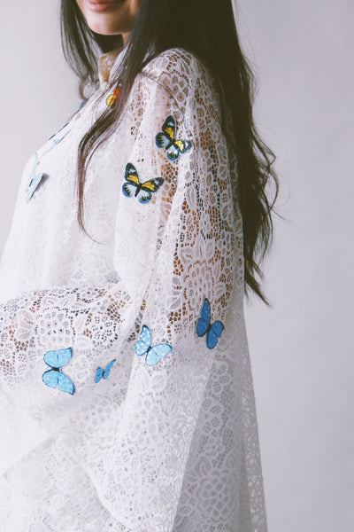 A Garden Of Butterflies Kaftan, in Off White Lace (length 56inch)