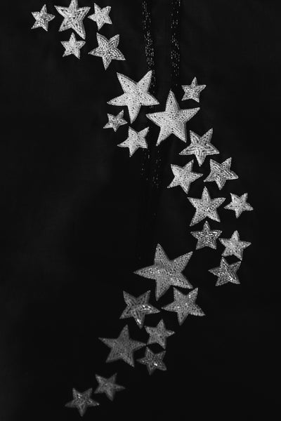 Dancing Stars, White & Silver Embroidery on Black Linen