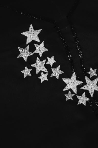 Dancing Stars, White & Silver Embroidery on Black Linen