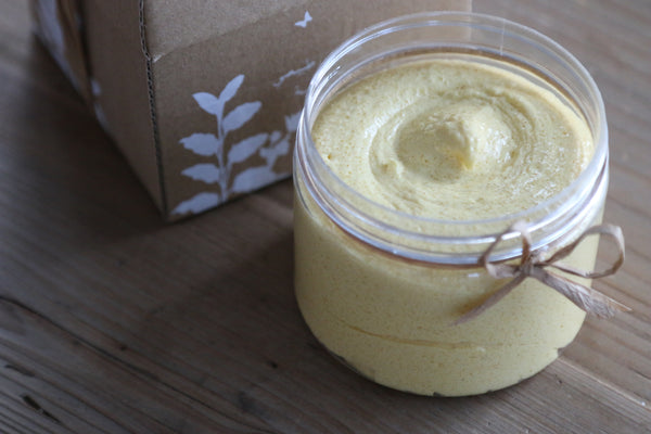 Whipped Soap Scrub, Turmeric & Chamomile (gentle exfoliation, mild acne, all skin types)