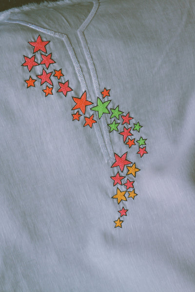Dancing Stars, Neon Embroidery on Grey Linen