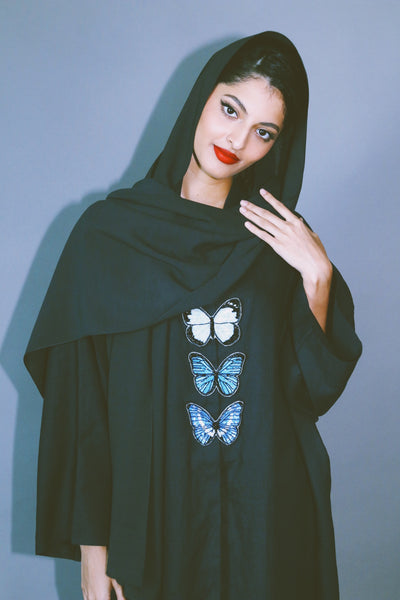 The Butterfly Collection: Blue Butterflies Abaya, Loose Fit, In Black