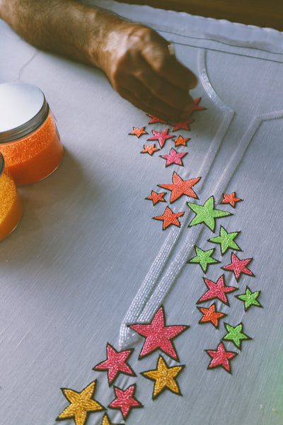 Dancing Stars, Neon Embroidery on Grey Linen