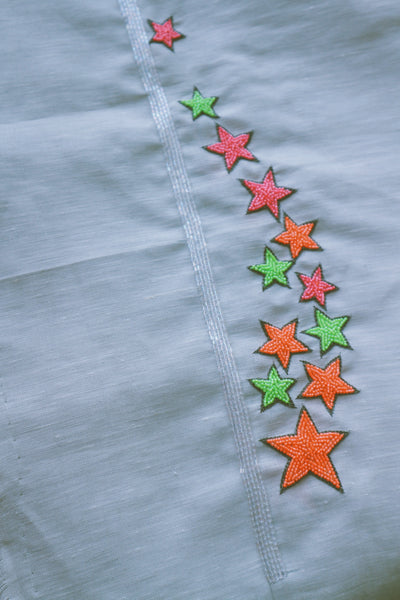 Dancing Stars, Neon Embroidery on Grey Linen