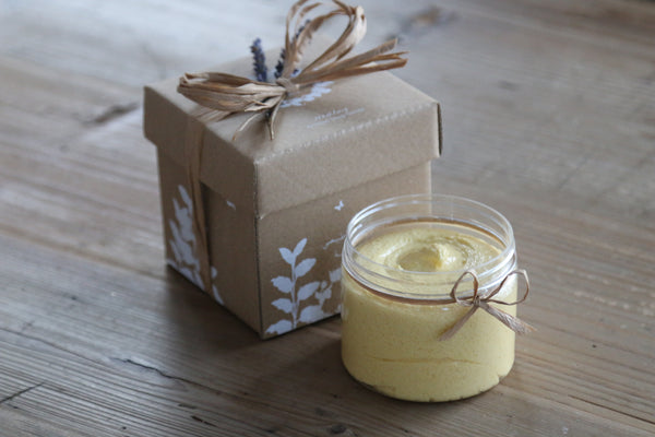 Whipped Soap Scrub, Turmeric & Chamomile (gentle exfoliation, mild acne, all skin types)