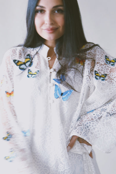 A Garden Of Butterflies Kaftan, in Off White Lace (length 56inch)