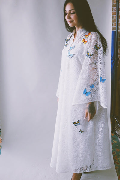 A Garden Of Butterflies Kaftan, in Off White Lace (length 56inch)