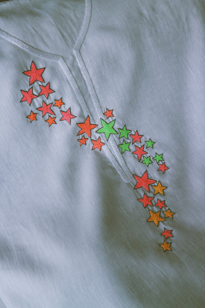 Dancing Stars, Neon Embroidery on Grey Linen