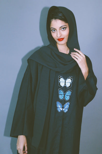 The Butterfly Collection: Blue Butterflies Abaya, Loose Fit, In Black