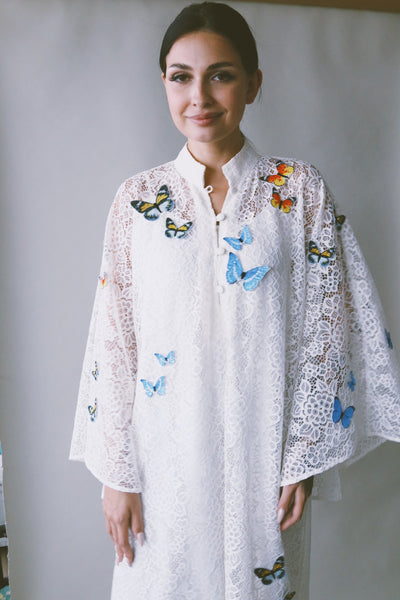 A Garden Of Butterflies Kaftan, in Off White Lace (length 56inch)