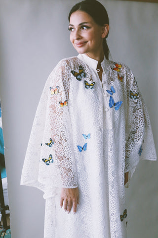 A Garden Of Butterflies Kaftan, in Off White Lace (length 56inch)