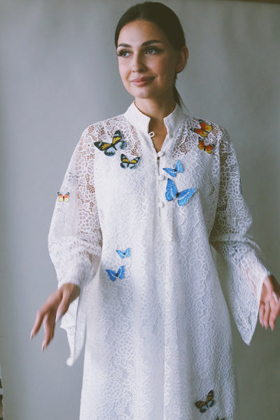 A Garden Of Butterflies Kaftan, in Off White Lace (length 56inch)