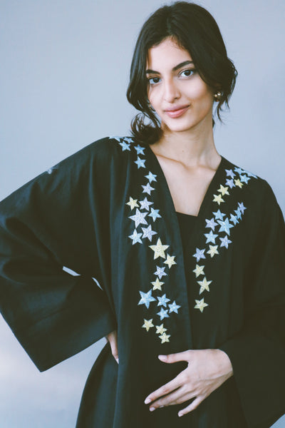 Dancing Stars Abaya, Colorful Embroidery On Black